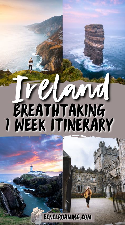 Photo collage of travel photographs of Ireland. Featuring gorgeous Ireland scenery, landscapes, coasts, and castles. Linked to a travel guide about Ireland and how to plan a week long trip around the country. 5 Days In Ireland Itinerary, Ireland One Week Itinerary, Southern Ireland Itinerary, Where To Visit In Ireland, Family Trip To Ireland, One Week In Ireland, 7 Days In Ireland Itinerary, Ireland Scotland England Itinerary, Ireland Itinerary One Week