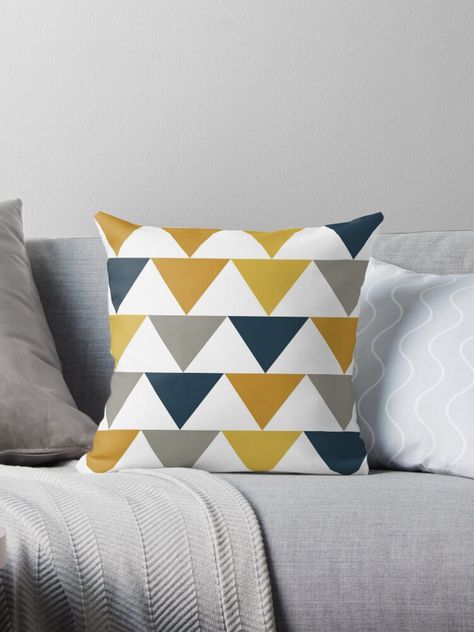 Geometric arrow design in shades of mustard yellow, dark slate blue, grey, and white. Coordinates with other items in my Mustard Yellow, Navy Blue, Grey, and White Collection. • Millions of unique designs by independent artists. Find your thing. Light Mustard Yellow, Blue Bedroom Design, Navy Blue Throw Pillows, Geometric Arrow, Dark Slate Blue, Yellow Throw Pillows, Yellow Decor, Contemporary Throw Pillows, White Throws