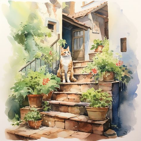 watercolor illustration of a calico cat running up the steps to a the house where he lives. #nft #AI #art #painting #nftartist #AIartgallery #DigitalArt #artwork #AIart #generativeart #GenerativeAI #artwork #artist #artistsofinstagram Cat Running, Watercolor Cats, Diy Cats, He Lives, Watercolor Cat, Calico Cat, Cat Painting, Generative Art, Watercolor Illustration