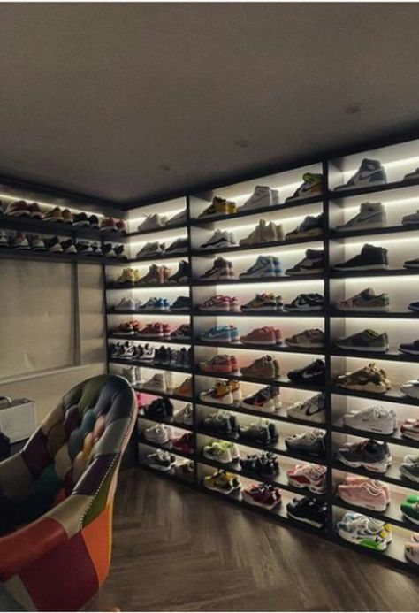 Sneaker Cabinet Design, Sneakers Shelves, Shose Design Shelf, Luxury Shoe Closet, Sneakers Wardrobe, Functional Closet, Sneakerhead Room, Sneaker Closet, Kardashian Home