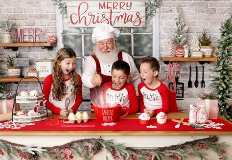 Cookies For Santa Pictures Photo Ideas, Cookies With Santa Photoshoot, Baking With Santa Pictures, Christmas Cookie Mini Session, Cooking With Santa Photoshoot, Santa Baking Pictures, Christmas Kitchen Photoshoot, Baking Christmas Cookies Photo Shoot, Baking With Mrs Claus Photo Session