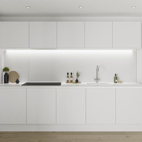 Matt White Handless Kitchen, White Linear Kitchen, White Kitchen Howdens, Handleless White Kitchen, White Morden Kitchen, White Kitchen Handleless, Hockley Super Matt Kitchen, White Gloss Cabinets Kitchen, Howdens White Kitchen