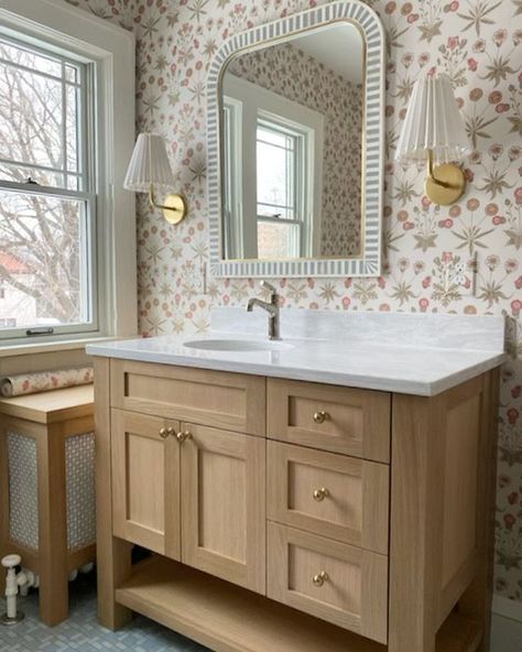 Hopkins white oak bathroom vanity with lower shelf, brass hardware, quartz countertop, floral wallpaper, and original mosaic floor tile. Jkath Design, Traditional Design Style, Inset Cabinetry, Shaker Vanity, Oak Bathroom Vanity, Custom Bathroom Vanity, Oak Bathroom, Wood Bathroom Vanity, Transitional Bathroom