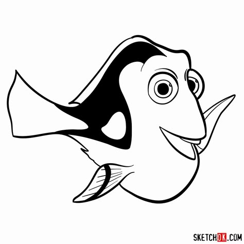 How to draw Dory Small Dory Tattoo, Dori Drawing, Dory Tattoo Black And White, Dory Drawing Easy, How To Draw Dory, Dory Sketch, Finding Dory Drawings, Finding Dory Coloring Pages, Nemo And Dory Painting