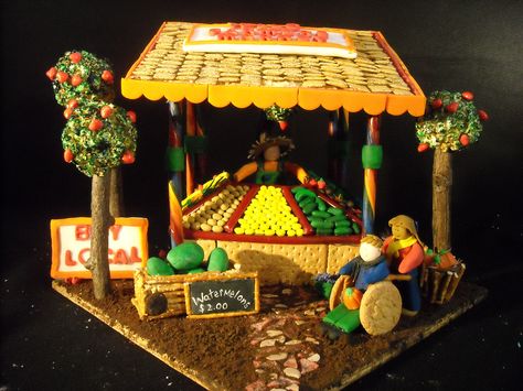 gingerbread house fruit stand Gingerbread Art, Gingerbread Creations, Produce Stand, Vegetable Stand, Gingerbread Village, Fruit Stand, Cookie House, Fruit Stands, Food Stands