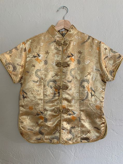 "Chinese satin jaquard top w/front frog closure Size label says L Chest 19.5\" HPS length 22.5\" Sleeve length 5.5\" @ shoulder  Shoulder width 16\"" Chinese Tops For Women, Chinese Top, Chinese Shirt, Frog Closure, Silk Tops Blouses, Womens Blouses, Size Label, Satin Blouse, Blouse Vintage