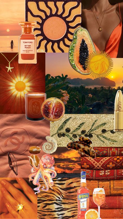 Peace Mood Board, Orange Aura, Island Gyal, Summer Wallpapers, Fashion Journal, Style Moodboard, Cute Summer Wallpapers, Fashion Journals, Beach Bar