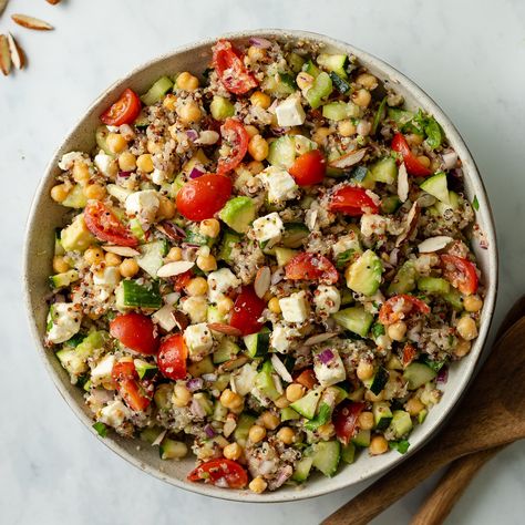 Quinoa Chickpea Salad with Feta - The Last Food Blog Quinoa Salad Feta, Chickpea Feta Salad, Chickpea Feta, Chickpea Quinoa Salad, Salad Chickpeas, Zesty Quinoa Salad, Salad Feta, Quinoa Chickpea Salad, Chickpea Quinoa