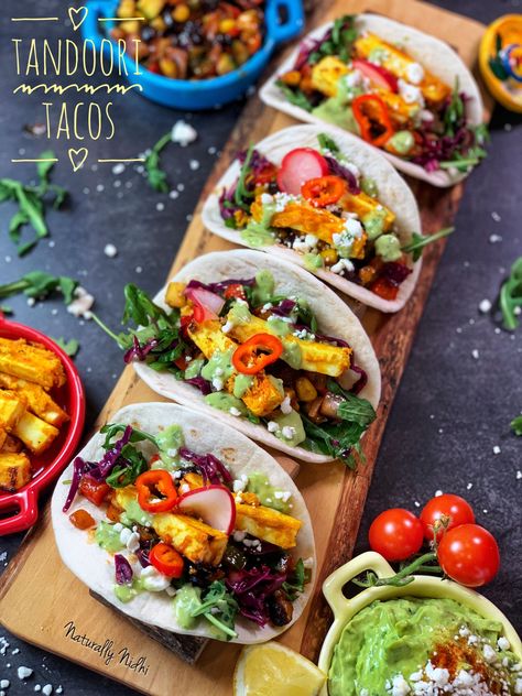 Tandoori Tacos with Avocado Crema | New Veg Tacos Recipe Indian, Vegan Food Truck Ideas, Mexican Fusion Food, Paneer Tacos, Veg Tacos, Sizzler Recipes, Tacos Dinner, Mexican Fusion, Pizza Taco