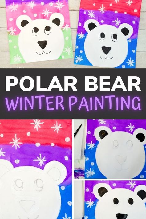 This polar bear winter painting is so adorable and colorful! We used a mixed media approach to make these paintings and a clever way for kids to draw the polar bear all on their own. Kids will love creating their own cute polar bear art! Winter Painting For Kids, Polar Bears Kindergarten, Polar Bear Drawing, Polar Bear Craft, Winter Art Lesson, Polar Bear Art, Watercolor Supplies, Bear Watercolor, Winter Art Projects