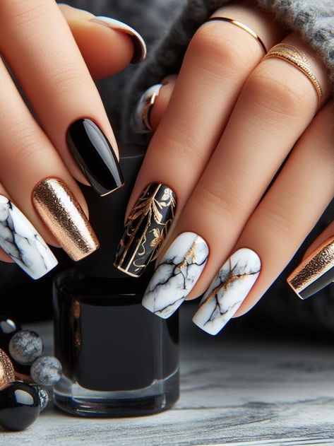 A chic black and white nail design with marble accents and gold foil detailing, creating a luxurious and sophisticated appearance Black Gold And White Nails, Black White And Gold Nails, White Spring Nails, Black And White Nail Design, White Nail Design, White Nails With Gold, Black And White Nail, Black And White Nail Designs, White Nail Designs