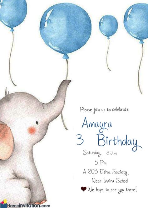 Amayra Name Picture - Cute 1st Birthday Invitation Card With Name Edit Elephant Theme Birthday Party, Baby Shower Garcon, Elephant Birthday Party, Elephant First Birthday, Balloon Invitation, 1st Birthday Party Invitations, Elephant Birthday, Elephant Baby Shower Invitations, Elephant Theme