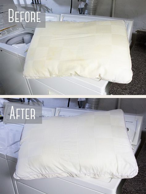 Learn how to wash pillows in your washing machine! Get rid of yellow stains, odors, dust, and dander for a better night's sleep! How To Wash And Whiten Yellowed Pillows, How To Whiten Pillows, Clean Pillows Front Loader, How To Wash Bed Pillows In Washer, How To Wash Feather Pillows In Washer, How To Get Rid Of Yellow Stains On White, Wash Pillows In Front Loader, Washing Pillows In Front Loader, How To Wash Pillows In Front Loader