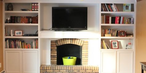 Remodelaholic | Fireplace Remodel With Built-in Bookshelves Fireplace Cabinets On Each Side, Bookshelves Tv, Shelves Around Fireplace, Brick Fireplace Remodel, Bookshelves Around Fireplace, Fireplace Cabinets, Diy Built In Shelves, Fireplace Bookcase, Built In Bookshelves