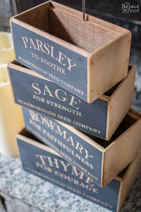 DIY nesting herb boxes | DIY wooden herb crates | Step-by-step hanging herb crate tutorial | Farmhouse style rustic decor | Free stencil | Free printable | Scarborough Fair | Scrap wood home decor | Stenciled home decor | How to stencil | Festive home decor | Cheap Herb Boxes Diy, Stencil Free Printable, Herb Boxes, Boxes Diy, Scarborough Fair, Hanging Herbs, Festive Home Decor, Free Stencils, Wood Home