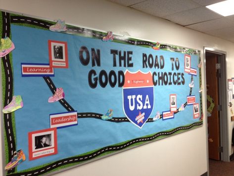 Bulletin board ideas road signs | Augusta Christian School in Augusta, GA. Road Bulletin Board, Travel Classroom, Race Theme, School Wide Themes, Road Trip Theme, Travel Theme Classroom, Around The World Theme, Racing Theme, Library Themes