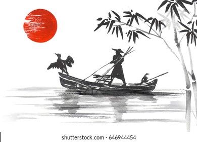 Fishing Boat Tattoo, Boat In Water, Traditional Japanese Painting, B13 Nissan, Boat Tattoo, Field Paint, Boat Drawing, Traditional Boats, Field Painting