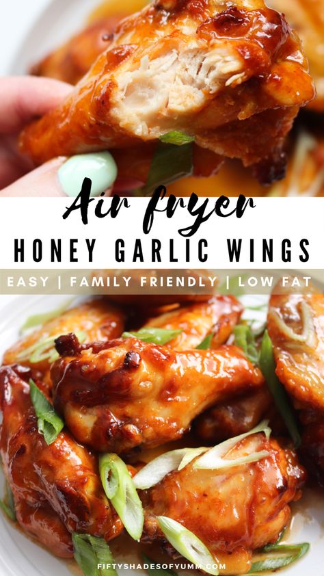 a hand holding a drumstick wing with a bite taken out of it and a pile of saucy orange wings with green onions on top Chicken Wings From Frozen, Wings From Frozen, Air Fryer Honey Garlic Chicken, Honey Chicken Wings Recipe, Garlic Chicken Wings Recipe, Air Fryer Recipes Chicken Wings, Honey Garlic Wings, Easy Air Fryer Chicken, Honey Chicken Wings