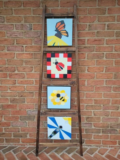 Barn Quilt Addicts | Finally completed some ladder quilts | Facebook Barn Quilt Ladder, Quilt Ladder Diy, Ladder Diy, Quilt Ladder, Barn Quilt Designs, Barn Quilt Patterns, Woodworking Plans Diy, Quilt Designs, Barn Quilt