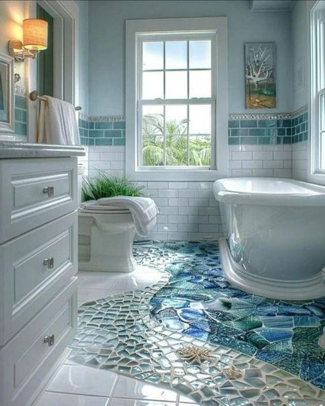 Island Theme Bathroom, Pool Bathroom Tile Ideas, Sea Green Bathroom Ideas, Coastal Bathroom Floor Tile, Bathroom Floor And Wall Tile Ideas, Bathroom Sea Theme, Sea Green Bathroom, Interesting Bathrooms, Blue Mosaic Tile Bathroom