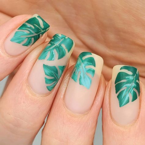 #moyoutropical28 moyoutropical28 moyou tropical 28  palm leaf, nude, matte Palm Leaf Nail Design, Banana Leaf Nails, Tropical Leaves Nails, Botanical Nails Designs, Monstera Nail Design, Nail With Leaves, Palm Leaves Nails, Tropical Wedding Nails, Tropical Leaf Nails