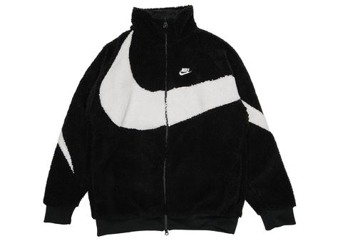 Nike has released its new unisex Nike Big Swoosh Reversible Boa Jacket Asia Sizing Black White to its sportswear collection.   This Nike Big Swoosh Reversible Boa Jacket Asia Sizing Black White comes with a series of features including a fleece material embedded to retain warmth. It contains a large Nike logo across the entire body with a different color from the rest of the jacket. The inner part is made from 100% nylon while the outer part is composed of 17% acrylic and 83% polyester.   The Ni Nike Boa Jacket, Nike Big Swoosh Reversible Boa Jacket, Nike Swoosh Jacket, Fleece Jacket Outfit, Nike Fleece Jacket, Fleece Jacket Men, Nike Noir, Fleece Men, Sportswear Collection