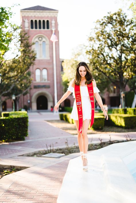 Graduation Portrait Session at USC Stanley Wu Photography | Los Angeles Portrait & Wedding Photographer  Graduation ceremonies are just around the corner and more and more people are taking photos in their academic regalia around campus! I’m glad that Elizabeth had scheduled her graduation portrait session a month ago when it wasn’t as crowded and we were able to capture these beautiful photos   #losangeles #usc White Grad Dress, Usc Graduation, Graduation Photo Shoot, Masters Graduation Pictures, Academic Regalia, Photography Graduation, Graduation Pic Ideas, Graduation Shoot, Masters Graduation