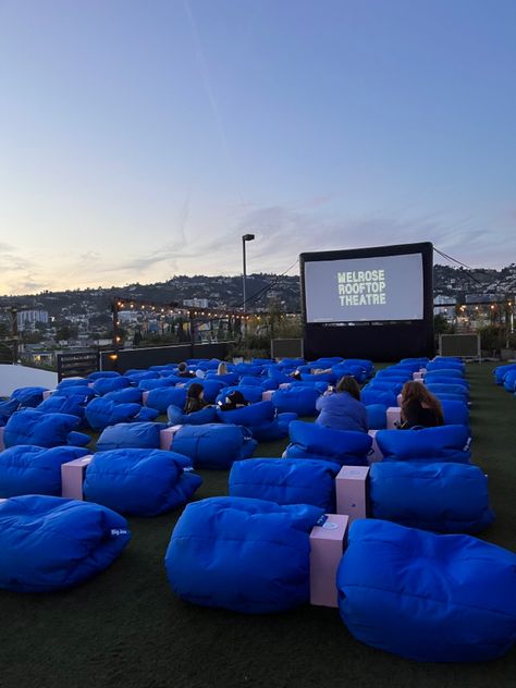 Rooftop theater in melrose district of los angeles Rooftop Theater, Cinema Outside, Los Angeles Rooftop, Open Cinema, Outdoor Theatre, Theatre Party, Rooftop Cinema, Cinema Idea, Arcade Room