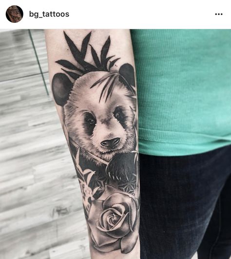 Panda Bear with rose tattoo on inside of forearm #pandabear #rosetattoo #pandabeartattoo #rose #forearmtattoo #armtattoo Panda Sleeve Tattoo, Realistic Panda Tattoo, Panda Tattoo Men, Panda Tattoo Ideas, Panda Tattoo Design, Tattoo Panda, Panda Bear Tattoos, Panda Tattoo, Bear Tattoos