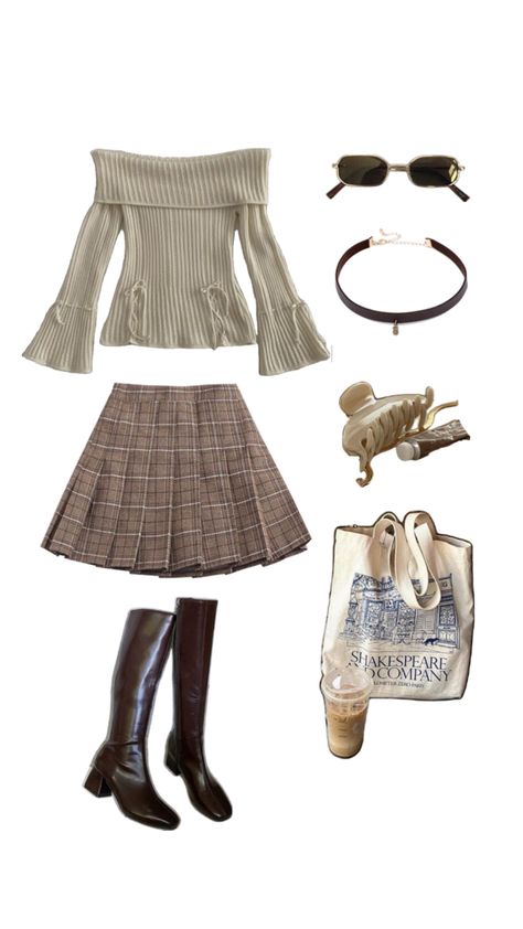 Spring outfit, off the shoulder sweater and plaid mini skirt Brown Plaid Skirt Outfit, Coquette Brown, Nana Clothes, Brown Plaid Skirt, Sweater And Skirt, Plaid Skirt Outfit, Off The Shoulder Sweater, Brown Style, Brown And Beige