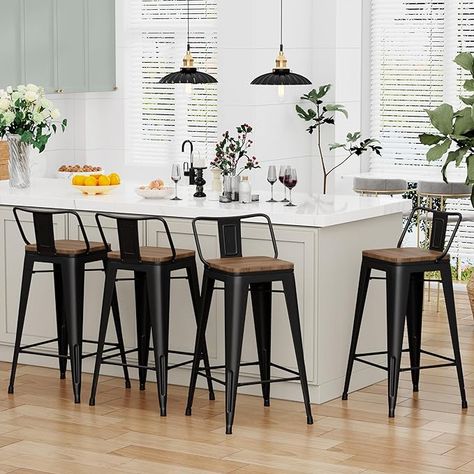 Amazon.com: Alunaune 30" Metal Bar Stools Set of 4 Counter Height Barstools, Industrial Counter Stool Bar Chairs with Wood Top (Low Back,Matte Black) : Home & Kitchen Industrial Counter Stools, Industrial Counter, Metal Barstools, Black Counters, Stool Height, Home Bar Furniture, Counter Bar, Counter Height Bar, Metal Bar Stools