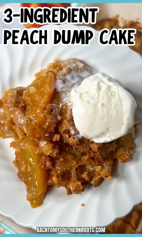 Peach dump cake on a white plate with a scoop of ice cream on top for a sweet treat. Peaches Cake, Peach Dump Cake, Blueberry Dump Cakes, Dump Cake Pumpkin, Dump Cakes, Apple Dump Cakes, Cake Mixes, Amazing Desserts, Peach Desserts