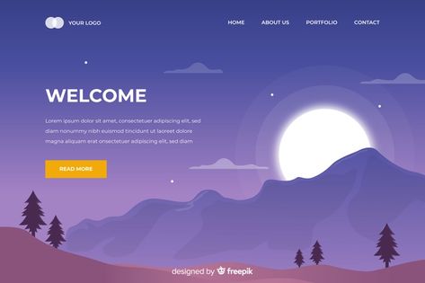 Welcome landing page with sunset Free Vector | Free Vector #Freepik #vector #freetree #freetemplate #freenature #freemountain Welcome Website Design, Welcome Page Design, Webpage Design Layout, Simple Website Design, Welcome Banners, Instagram Flyer, Front Page Design, Website Graphics, Ui Design Website