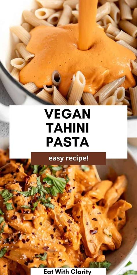 Sun-dried Tomato Tahini Pasta Miso Tahini Pasta, What To Make With Tahini, Vegan Rotini Pasta Recipes, Healthy Creamy Pasta Recipes, Vegan Tahini Pasta, Tofu Pasta Sauce, Recipes With Tahini, Chloe Vegan, Simple Vegan Dinner