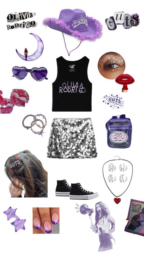 Guts world tour outfit inspo 💜🎤💋#guts #oliviarodrigo #outfit #outfitinspo #inspo Olivia Guts Tour Outfits, Guts World Tour Outfits Ideas, Olivia Rodrigo Outfit Concert Ideas, Olivia Rodrigo Outfits Concert, Olivia Rodrigo Outfits, Guts Tour, Concert Outfits, Hyde Park, Olivia Rodrigo