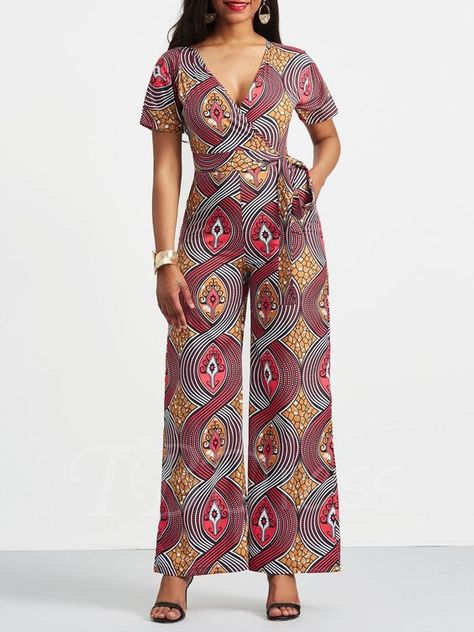 Geometric Printed V-Neck Women's Jumpsuit African Jumpsuit, Asos Jumpsuit, Ankara Jumpsuit, African Print Jumpsuit, Women's Jumpsuit, Shweshwe Dresses, Nigerian Fashion, African Wear Dresses, Naija Fashion