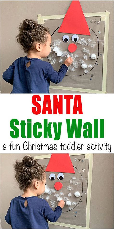 Santa Sticky Wall Toddler Activity - HAPPY TODDLER PLAYTIME Create an adorable Santa Claus sticky wall using contact paper and cotton balls! It is a fabulous idea for a fun toddler or preschooler play date activity during the holidays! #christmascrafts #christmascraftsforkids #kidscrafts Fun Xmas Activities For Kids, Santa Sticky Wall, Contact Paper Christmas Crafts, Santa Clause Craft For Toddlers, Sofa With Christmas Pillows, Nativity Toddler Activities, Christmas Activities For 10 Month Old, Santa Sensory Activities, Santa Claus Activities For Toddlers