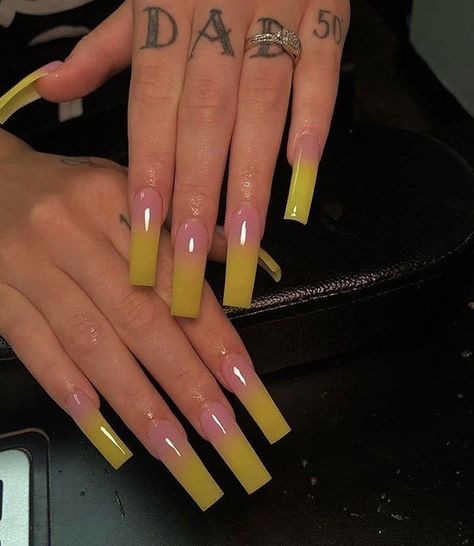 Yellow Nails Long Square, Long Yellow Nail Designs, Pink And Yellow Ombré Nails, Baddie Yellow Nails, Cute Acrylic Nails Yellow, Yellow Acrylic Nails Square, Ombré Yellow Nails, Yellow Ombre Acrylic Nails, Yellow Ombre Nails Coffin