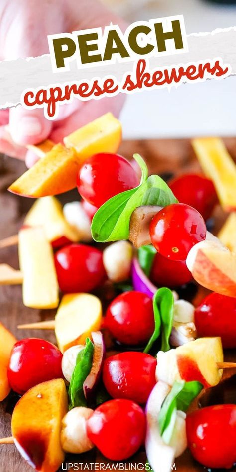 Spice up your party menu with these Peach Caprese Skewers! Perfectly portable and packed with flavor, these skewers feature juicy peaches, mozzarella, and basil. They're a simple yet impressive appetizer that will leave your guests wanting more. Give them a try at your next gathering! Peach Caprese, Breakfast Sides Dishes, Impressive Appetizers, Portable Party, Breakfast Sides, Caprese Skewers, Light Appetizers, Elegant Appetizers, Tomato Mozzarella