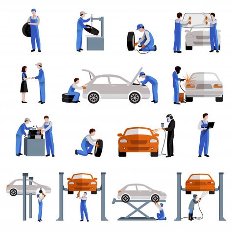 Auto mechanic car service repair and maintenance work icons | Free Vector Mechanic Icons, Work Icon, Mechanic Garage, Flat Icons Set, People Icon, Car Repair Service, Auto Repair Shop, Car Service, Hybrid Car