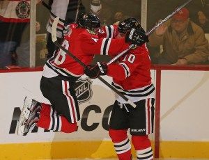 Patrick Kane celebrates his goal with Patrick Sharp. (Photo by Jonathan Daniel/Getty Images). hawks beat SJS 2-1 Patrick Sharp, Chicago Sports Teams, Chicago Blackhawks Hockey, Hockey Baby, Patrick Kane, Blackhawks Hockey, Chicago Sports, Celebrity Design, The Windy City