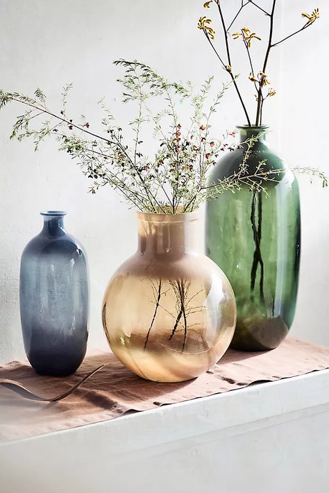 Vases | Bud, Ceramic + Column Vases | Terrain Colored Glass Decor, Glass Jugs Decor, Ombre Palette, Colored Glass Vase, Faux Arrangements, Green Chinoiserie, Glass Aesthetic, Soft Ombre, Large Glass Vase