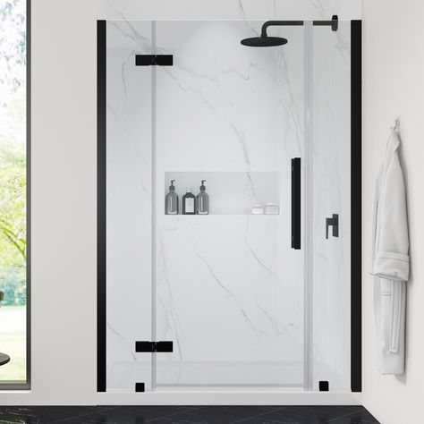 OVE Decors Tampa Matte Black 48-in x 32-in x 75-in Base/Door Rectangular Alcove Shower Kit (Left or Right Drain) in the Shower Stalls & Enclosures department at Lowes.com Corner Shower Kits, Acrylic Shower Base, Black Shower Doors, Frameless Hinged Shower Door, Custom Shower Doors, Standing Shower, Shower Inserts, Frameless Shower Door, Frameless Shower Enclosures