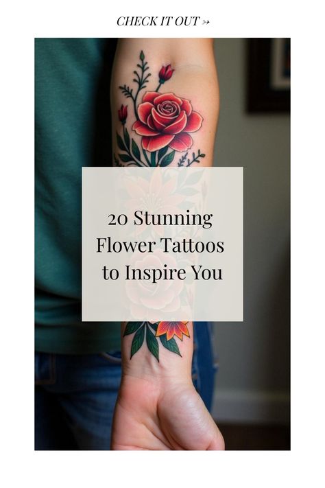 20 Stunning Flower Tattoos to Inspire You Heather Flower Tattoo Ideas, Withering Flower Tattoo, Rose And Poppy Tattoo, Heather Flower Tattoo, Butterfly And Flower Tattoo Designs, Old School Flower Tattoo, Bright Flower Tattoos, Sunflower Inspiration, Cherry Blossom Tattoos