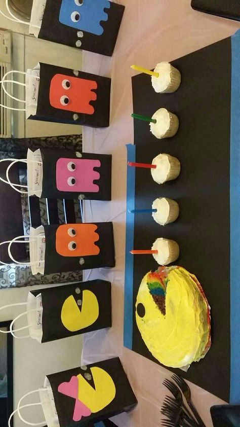 Pacman Theme Birthday party ...hand made...Kaydin's 5th birthday party 80s Arcade Birthday Party, Pacman Theme Party, Pacman Party Ideas, Arcade Birthday Cake, Arcade Birthday Party Ideas, Arcade Party Ideas, Birthday Cake 30th Men, Pac Man Birthday Party, Pacman Birthday Party