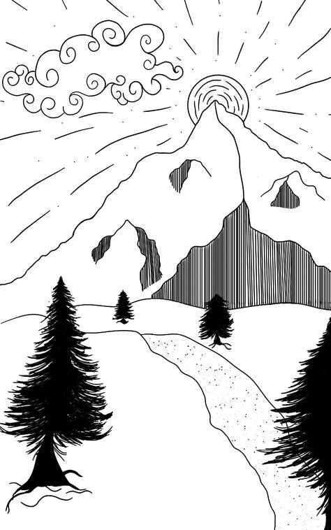 Mountain song, mountain, trees, sun, clouds Kashmir Drawing, Travel Doodles, Kashmir Tour, Mountain Trees, Sun Drawing, Doddle Art, Sun Clouds, Nature Drawing, Abstract Art Painting