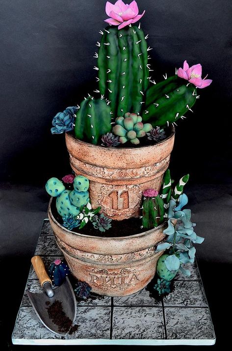 Flower Pot Cake Design, Plant Cakes Ideas, Dessert Imposters, Cactus Cakes, Cactus Cookies, Flower Pot Cake, Pot Cake, Pot Cookies, Cactus Cake