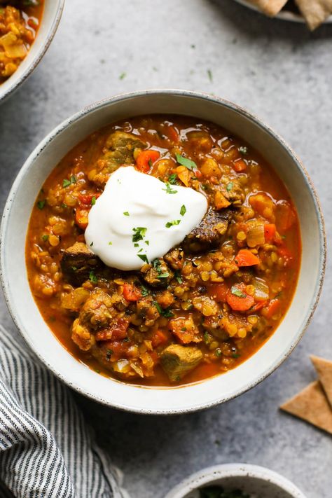 This Moroccan-Spiced Beef and Lentil Stew recipe is a flavorful weeknight dinner, offering hearty stew meat, warm spices, plenty of veggies, and good-for-you lentils. With minimal prep time, it’s a hands-off meal that cooks low and slow for a total time of just over 7 hours. Beef And Lentil Stew, Beef Lentil Stew, Beef And Lentil, Lentil Stew Recipes, Moroccan Beef, Spiced Beef, Dried Lentils, Moroccan Spices, Slow Cooker Beef Stew