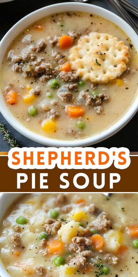 🍲 Shepherd's Pie Soup: Cozy up with this delicious twist on the classic comfort food! 🥔 This hearty soup combines all the flavors of traditional shepherd’s pie—savory ground beef, tender veggies, and creamy mashed potatoes—into a warm and satisfying bowl. 🥕 🔗 Save this Pin for later and don't forget to share it with your friends! 🍴 Tap below to get the full recipe and warm up with this soul-soothing soup. ⬇️ #ComfortFood #ShepherdsPie #EasyRecipes #OnePotMeals #WinterRecipes #SoupSeaso Shepherds Pie Soup, Pie Savory, Main Dinner Dishes, Best Shepherds Pie Recipe, Pot Pie Soup Recipe, Soup Cozy, Beef Pot Pies, Beef Soup Recipes, Soup With Ground Beef