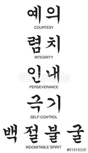 Vector: Five Tenets of Tae Kwon Do in Korean Hangul Script Taekwondo Tattoo, Martial Arts Tattoos, Taekwondo Quotes, Martial Arts Sparring, Learn Krav Maga, Martial Arts Quotes, Korean Hangul, Tae Kwon Do, Pencak Silat